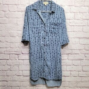 Cloth & Stone Blue Aztec Print Shirt Dress Size M Full Button Collar Half Sleeve